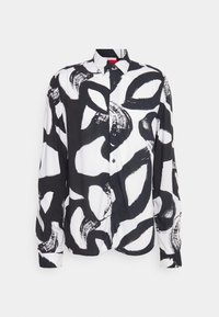 Langarmhemd aus Polyester mit schwarz-weißer abstrakter Wirbelmusterung, mit Knopfverschluss an der Vorderseite und Kragen, glatte Textur.
