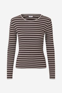 Strak aansluitend geribd shirt met lange mouwen, voorzien van bruine en witte horizontale strepen en een ronde halslijn.