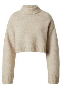 Hellbeige, verkürzter Pullover aus weichem, geripptem Stoff. Hat einen hohen Kragen, lange Ärmel und eine lockere Passform mit gerippten Akzenten an den Bündchen und dem Saum.