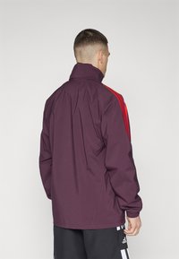 Giacca sportiva bordeaux con colletto alto, dotata di strisce rosse sulle maniche. Texture liscia, vestibilità ampia, polsini e orlo elasticizzati visibili.