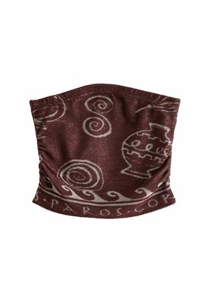 Bordowy komin na szyję z białymi spiralnymi i przypominającymi wazony wzorami, z napisem "PAROS" wzdłuż dolnej krawędzi.