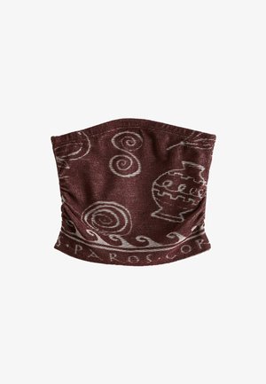 Cagoule en tissu bordeaux avec des motifs en spirale blanche et en forme de vase, avec le texte « PAROS » le long du bord inférieur.