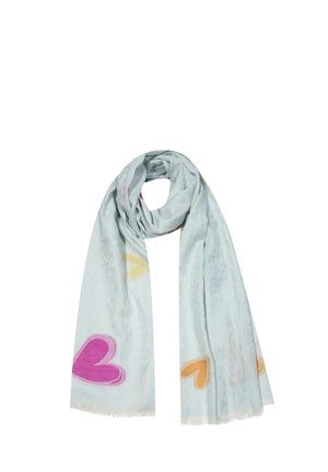 Light blue scarf with pink, yellow, and orange heart shapes, softly textured fabric, and fringed edges, loosely folded in a loop.
