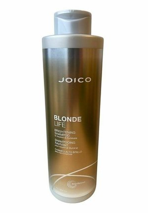 Joico Blonde Life verhelderend shampoo flesje, metallic goud met witte tekst, ontworpen om blond haar te voeden en te laten stralen.