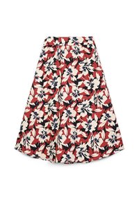 Gonna floreale con una ampia forma a A, nei colori rosso, nero e crema. Presenta grandi motivi floreali e una vita elastica per garantire comfort.
