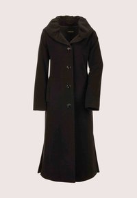 Lange zwarte jas van een wolmix, met een grote hoodie, knoopsluiting aan de voorkant en twee zijzakken. Gladde textuur met een uitlopende zoom.