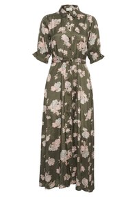 Oliven grøn maxi kjole med lyserød og lys blå blomsterprint, korte puffærmer, knaplukning foran, krave og bælte i taljen.