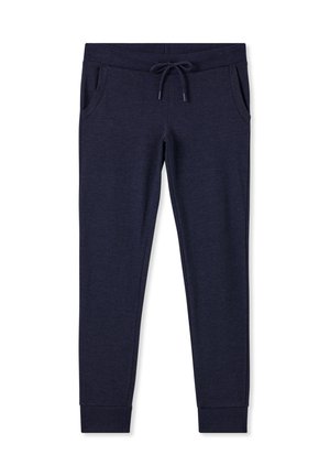 Pantaloni jogger blu navy realizzati in tessuto morbido, con vita elastica dotata di cordino, tasche laterali e polsini aderenti alla caviglia.