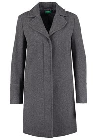 Cappotto in lana grigio con rever a saraceno, design a una sola fila di bottoni e maniche lunghe. Presenta una texture liscia e una silhouette dritta.