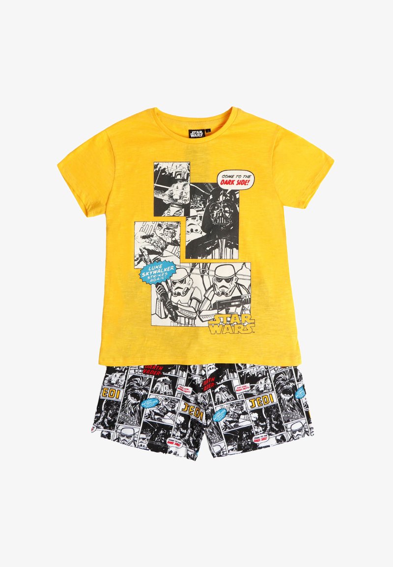 Camiseta de algodón amarilla con gráficos de Star Wars en estilo cómic; pantalones cortos en blanco y negro con diseños similares y acentos de texto en azul.