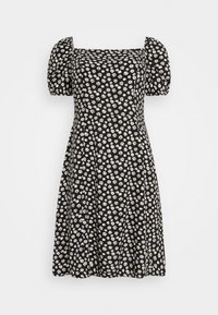 Vestido preto com estampa floral branca, mangas curtas bufantes, decote quadrado e silhueta em linha A com saia fluida.