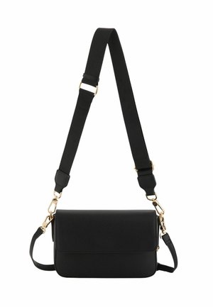 Black rectangular crossbody bag with wide adjustable strap and gold-tone metal clasps on a white background.