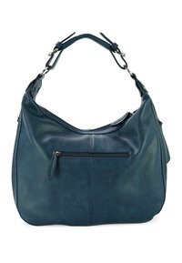Grote hobo tas van gestructureerd donkerblauw leer, met een ritsvak aan de voorkant en een verstelbare schouderband met metalen accenten.