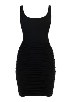 Must mustriga kleit, millel on ümar kaelus, ribakujuline tekstuur ja külgmine rüütesseetail, mis loob rõhutatud silueti.