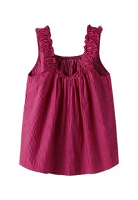 Červeno-bílý pruhovaný bezrukávový top s volánovými akcenty na ramenou a nařaseným materiálem pro volný střih.