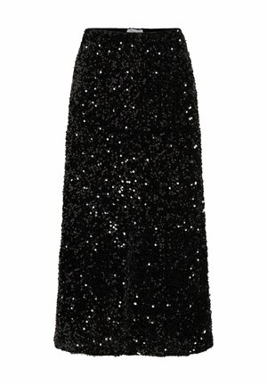 Zwarte maxi-rok van pailletten met een nauwsluitende taille en een vloeiend ontwerp. Bevat glanzende, reflecterende pailletten die het hele oppervlak bedekken.