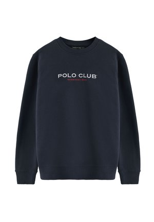 Sudadera azul marino de mezcla de algodón, con cuello redondo y puños acanalados. "POLO CLUB ESTABLECIDO 2012" impreso en blanco y rojo.