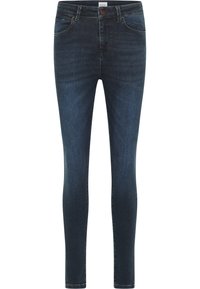 Vaqueros de mezclilla azul oscuro con un corte ajustado, que cuentan con una cintura de altura media, cinco bolsillos y detalles de costura sutiles. Textura suave y diseño clásico.