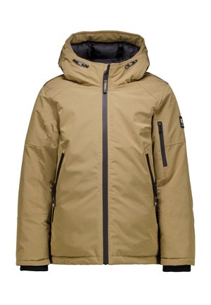 Khaki geïsoleerde jas met hoge kraag, afneembare capuchon, zwarte ritszakken en ribgebreide manchetten, met een gladde, matte afwerking.
