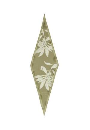 Sciarpa triangolare verde con stampa di foglie botaniche bianche, caratterizzata da una texture liscia e bordi rifiniti. Il marchio è mostrato in modo discreto nella parte inferiore.