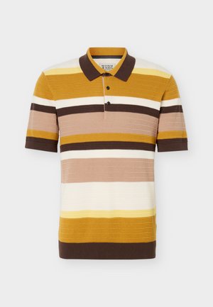Short-sleeve knitted polo shirt with horizontal stripes in mustard, brown, beige, white, and yellow, featuring two-button placket.