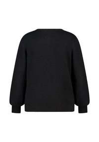 Zwarte gebreide trui, ontspannen pasvorm, ronde halslijn, lange mouwen, geribbelde zoom en manchetten, zachte textuur, naadloos achterkantontwerp.