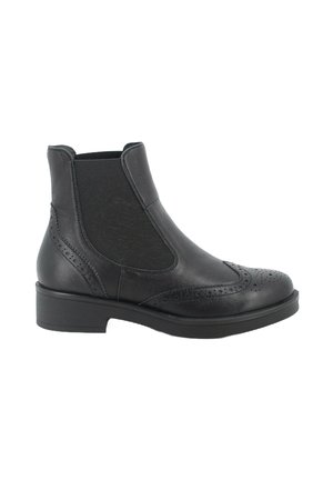 Stivaletti in pelle nera con pannelli laterali elasticizzati, dettagli brogue lungo la punta e un tacco a blocco basso per una maggiore stabilità.