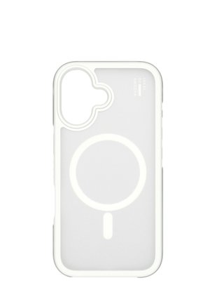 Gjennomsiktig hvit telefondeksel med forsterkede kanter, sirkulær magnetring og stor kamerautskjæring merket "Ideal of Sweden."