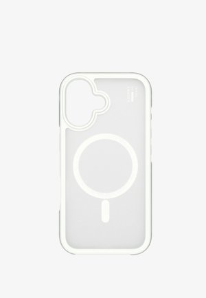 Transparente weiße Handyhülle mit verstärkten Kanten, rundem Magnetring und großem Kameraausschnitt mit der Aufschrift "Ideal of Sweden."