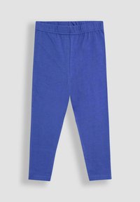 Kék pamut leggings, elasztikus derékkal, sima textúrával és testhezálló kialakítással. Nem tartalmaz mintákat vagy további díszítéseket.