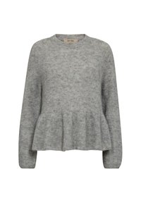 Zacht grijs gebreid trui met lange mouwen, ronde hals en een geplooide peplumdetail bij de taille.