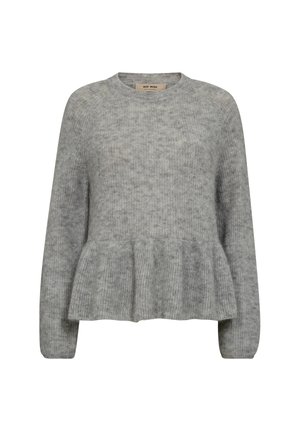 Zacht grijs gebreid trui met lange mouwen, ronde hals en een geplooide peplumdetail bij de taille.