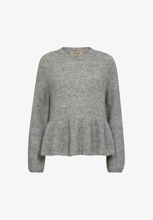 Zacht grijs gebreid trui met lange mouwen, ronde hals en een geplooide peplumdetail bij de taille.