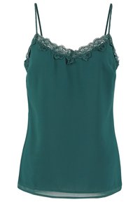 Camisole teal en tissu lisse avec un délicat bord en dentelle le long du décolleté et des bretelles fines, d'une silhouette ajustée.
