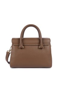 Sac à main en cuir marron avec une texture granuleuse, forme structurée, poign ées supérieures et une bandoulière amovible. Quincaillerie en ton doré.