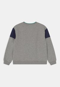 Grauer Hoodie mit langen Ärmeln, ausgestattet mit marineblauen Akzenten an den Schultern. Rippbündchen und Saum mit rundem Ausschnitt. Glatte Textur.