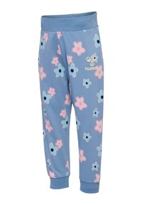 Lichtblauwe katoenen broek met een roze en blauwe bloemenpatroon, elastische tailleband, ribgebreide manchetten en het 'hummel' logo gedrukt in goud.