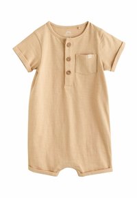 Beige gestreepte baby romper met een kraag, drie houten knopen, korte mouwen en een borstzakje. Zachte stof met een gladde textuur.