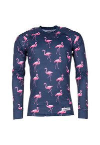 Koszula z długim rękawem wykonana z elastycznej tkaniny, z granatowym tłem i powtarzającym się wzorem różowych flamingów. Standardowy dekolt typu crew neck.