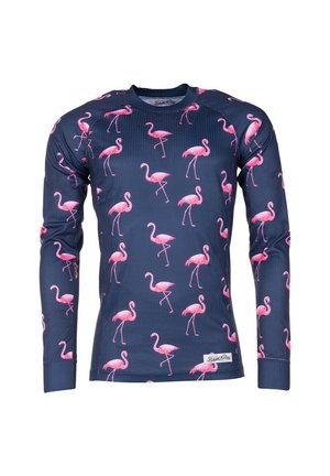 Long-sleeve shirt made of stretchy fabric, featuring a navy background with a repeated pink flamingo pattern. Standard crew neck design.