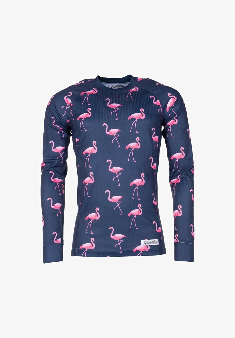 Pitkähihainen paita, joka on valmistettu joustavasta kankaasta. Paidan taustaväri on tummansininen, ja siinä on toistuva vaaleanpunainen flamingokuvio. Perinteinen pyöreä kaula-aukko.