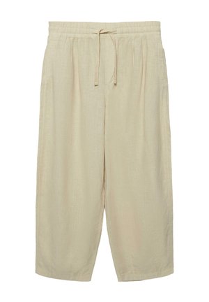 Pantaloni bej scurți, cu croială lejeră, talie elastică și șnur în față, confecționați dintr-un material ușor.