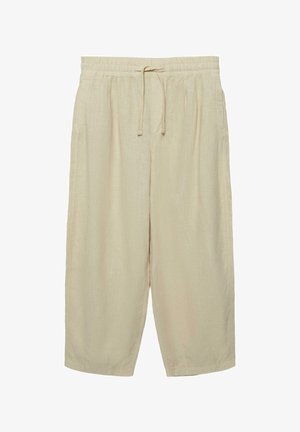 Beige løstsiddende cropped bukser med elastisk talje og snøre foran, lavet af letvægtsstof.