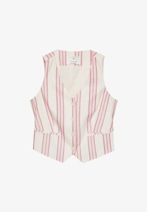 Chaleco sin mangas beige con rayas verticales rosas, cuatro botones blancos en la parte delantera y dos bolsillos inferiores frontales.