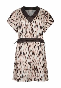 Kleid mit kurzen Ärmeln in einem beigen und braunen Tierdruck, mit V-Ausschnitt und geraffter Taille mit verstellbaren Bändern. Glatte Stoffstruktur.