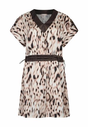 Kleid mit kurzen Ärmeln in einem beigen und braunen Tierdruck, mit V-Ausschnitt und geraffter Taille mit verstellbaren Bändern. Glatte Stoffstruktur.