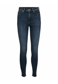 Jeans skinny in denim scuro, con una vita alta, cinque tasche e dettagli di cucitura sottili lungo le cuciture. Nessun segno di usura visibile.