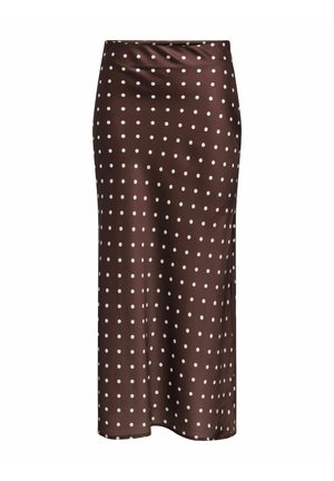 Pruun satiinist midi seelik valgete täppidega, millel on sile tekstuur ja sirge siluett. Vöökohal on peen rüüs.