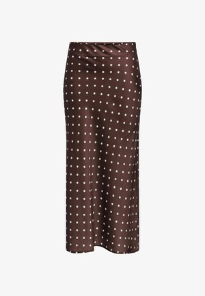 Pruun satiinist midi seelik valgete täppidega, millel on sile tekstuur ja sirge siluett. Vöökohal on peen rüüs.