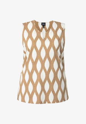 Top beige e bianco senza maniche con scollo a V e motivo geometrico a forma di diamante ripetuto.